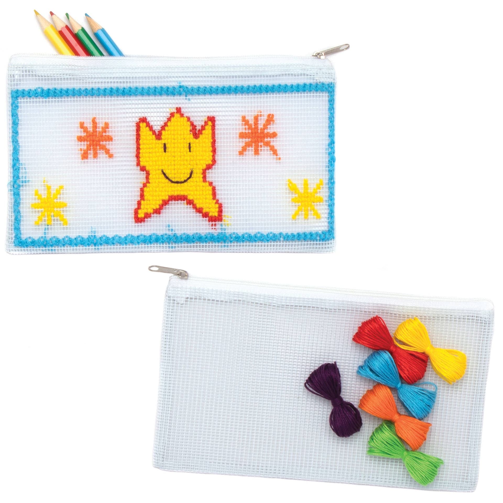 Pencil Case Cross Stitch Kits (Pack of 2) Sewing & Weaving Craft Kits 6 assorted thread colours - Red, Orange, Yellow, Green, Blue & Purple