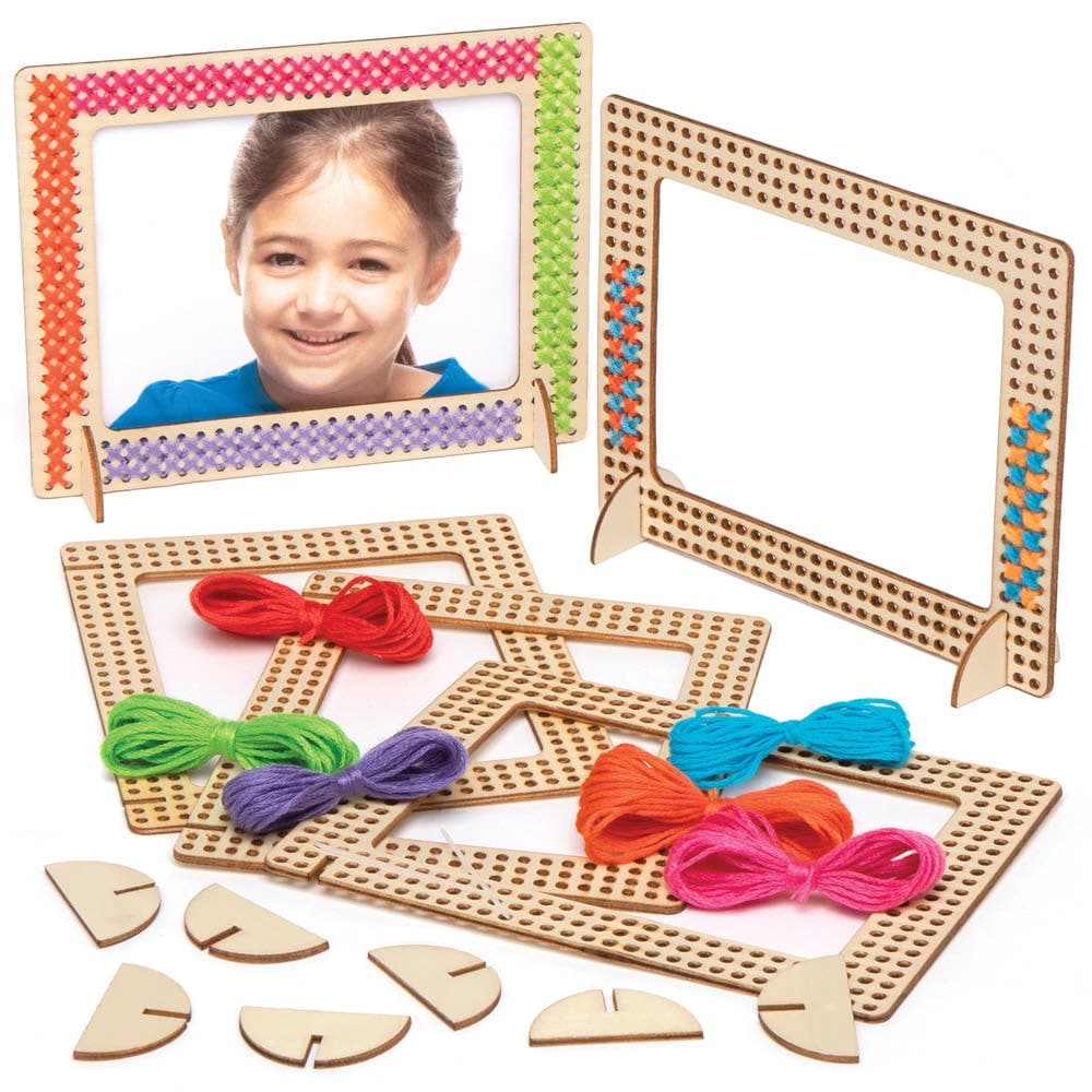 Wooden Photo Frame Cross Stitch Kits (Pack of 4) Decoration Craft Kits 6 assorted thread colours - Pink, Green, Red, Blue, Purple & Orange