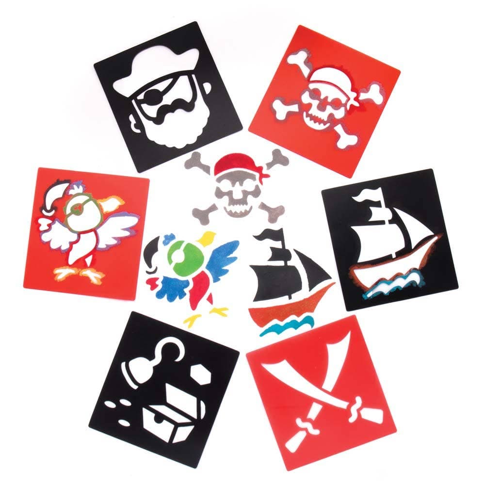Pirate Stencils (Pack of 6) 6 Assorted Pirate-Themed Designs, Washable & Durable Plastic, Size 15cm x 14cm