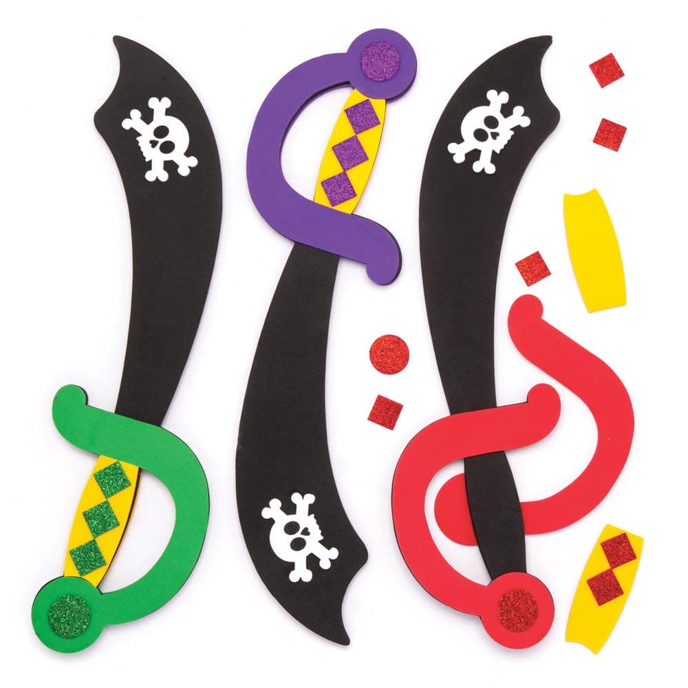 Pirate Sword Kits (Pack of 4) Foam Template & Decorations, 4 Assorted Colours/Designs, Size 33cm, Fancy Dress