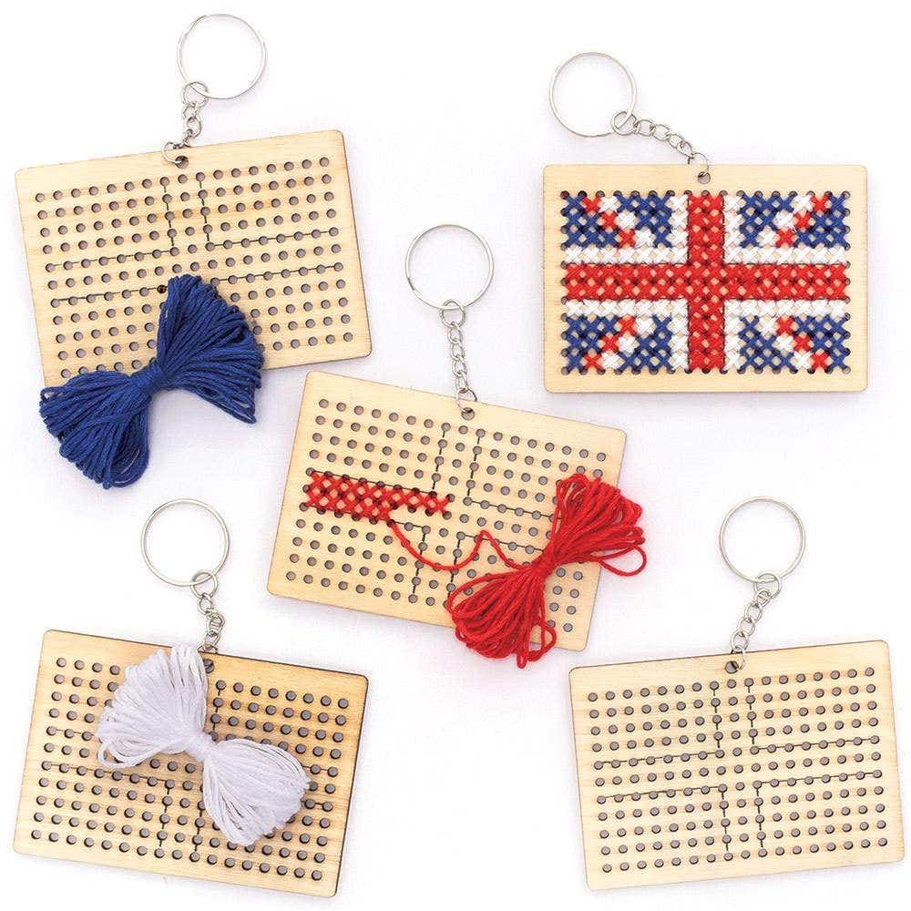Union Jack Wooden Cross Stitch Keyring Kits (Pack of 5) Sewing & Weaving Craft Kits 3 assorted thread colours - Red, White & Blue