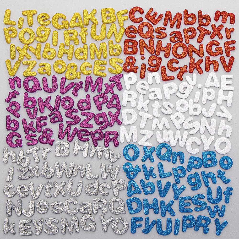 Bumper Self-Adhesive Glitter Foam Letters (Pack of 870) Craft Embellishments 6 assorted colours - White, Blue, Red, Gold, Silver & Purple