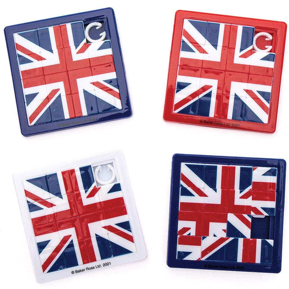 Union Jack Sliding Puzzles (Pack of 6) Party Bag Fillers, Small Prizes, 3 Assorted Base Colours