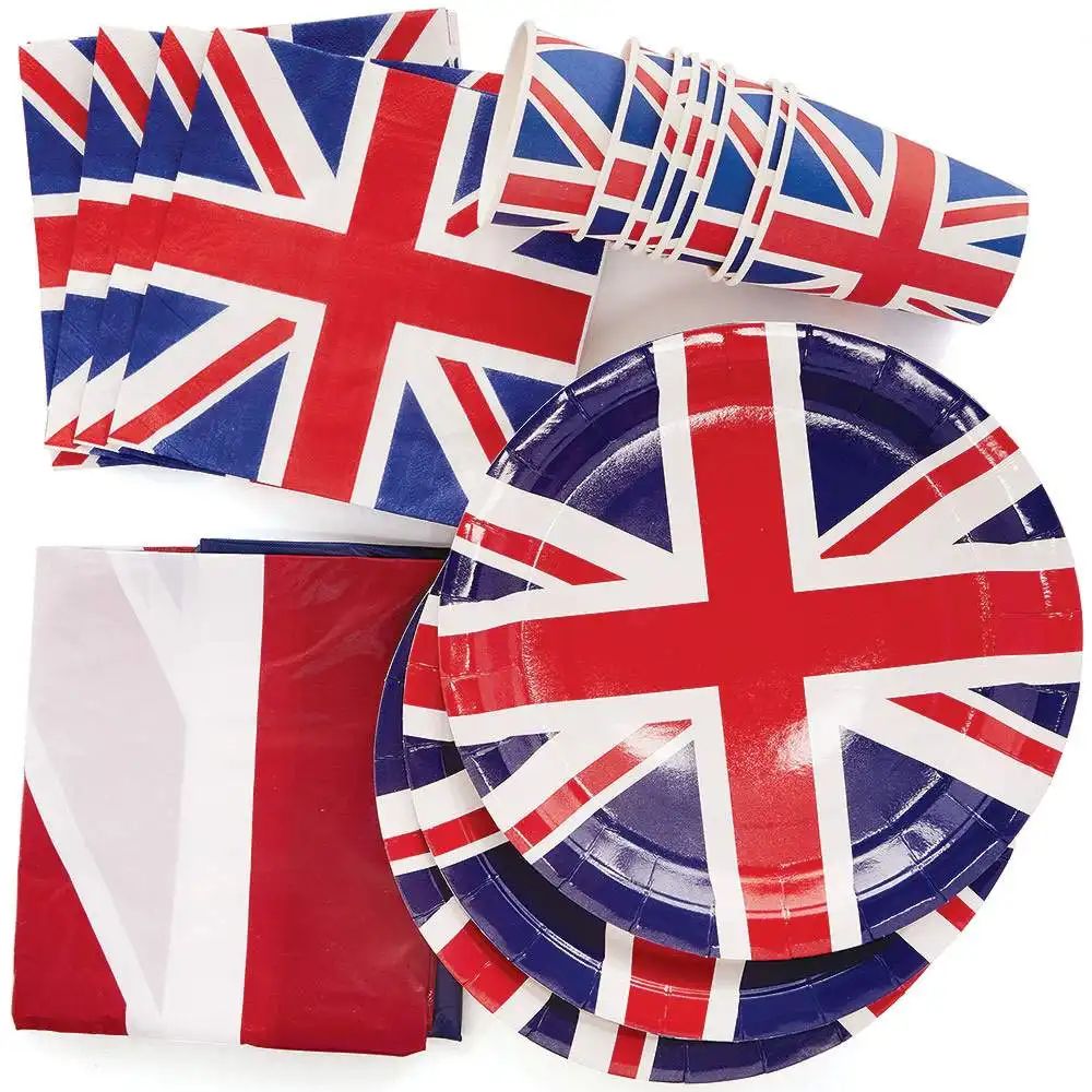Union Jack Tableware Party Set (Per set) Table Cover, Cups, Plates & Napkins Included, Party Supplies
