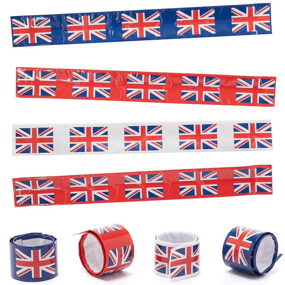 Union Jack Snap-on Bracelets (Pack of 8) Kids Jewellery, Party Bag Fillers, 3 Assorted Colours
