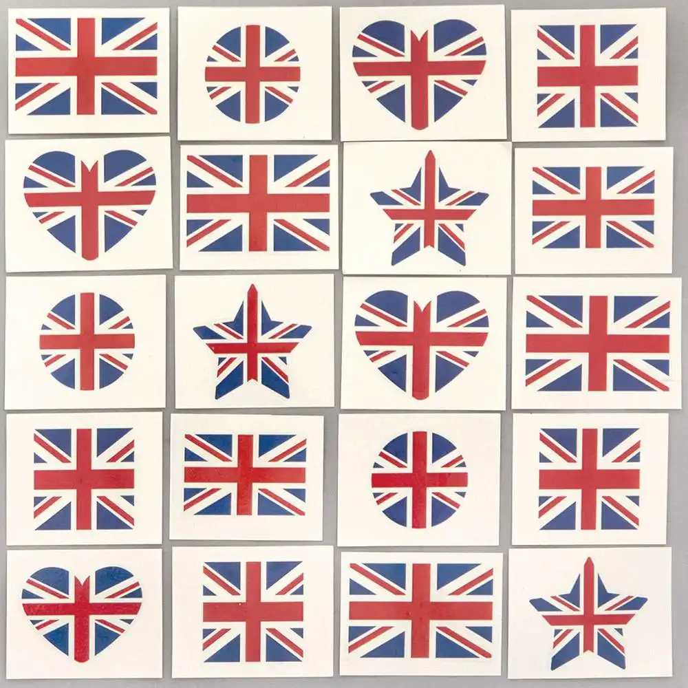 Union Jack Temporary Tattoos (Pack of 60) 10 Assorted Designs, Easy Apply & Removal