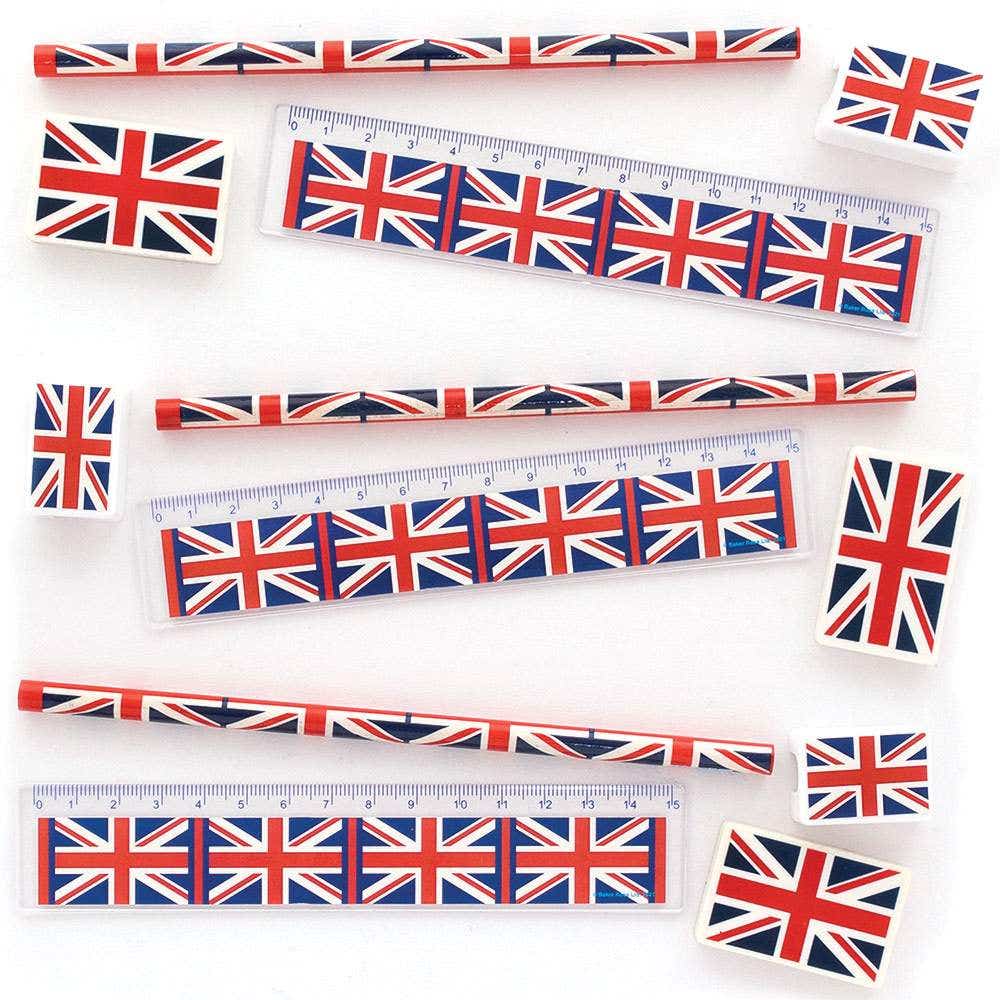 Union Jack Stationery Sets (Pack of 3) 4-Piece Set, Ruler, Eraser, Pencil & Sharpener Included