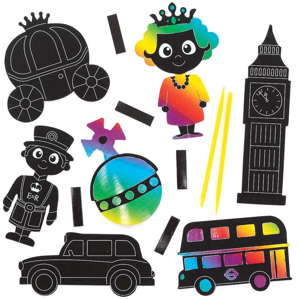 London Scratch Art Magnets (Pack of 12) Rainbow, Great For Kids, Range Of Designs, Tools Included