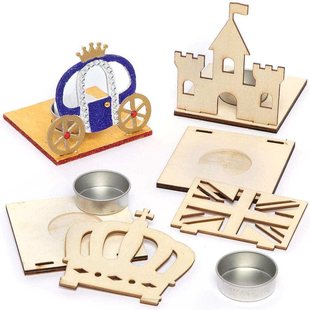 Value Wooden Tealight Holders (Pack of 4) Royal-Themed, Wooden Crafts For Kids, 4 Assorted Designs