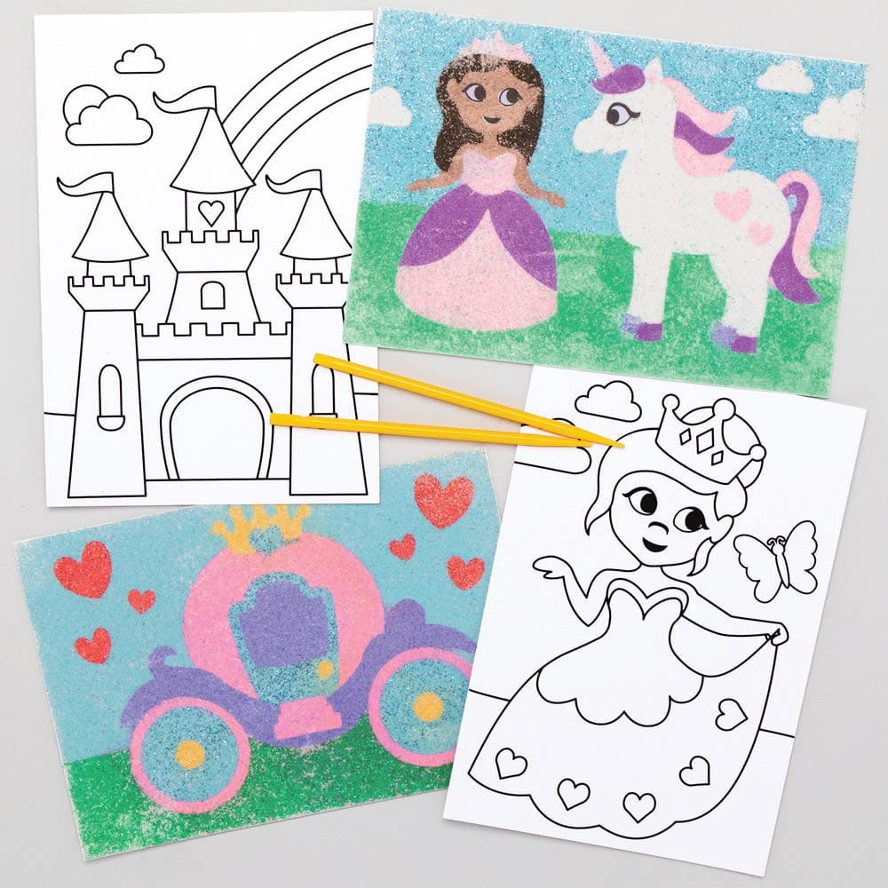 Princess Sand Art Pictures (Pack of 8) 4 Assorted Designs, Self-Adhesive Pre-Cut Card Pictures