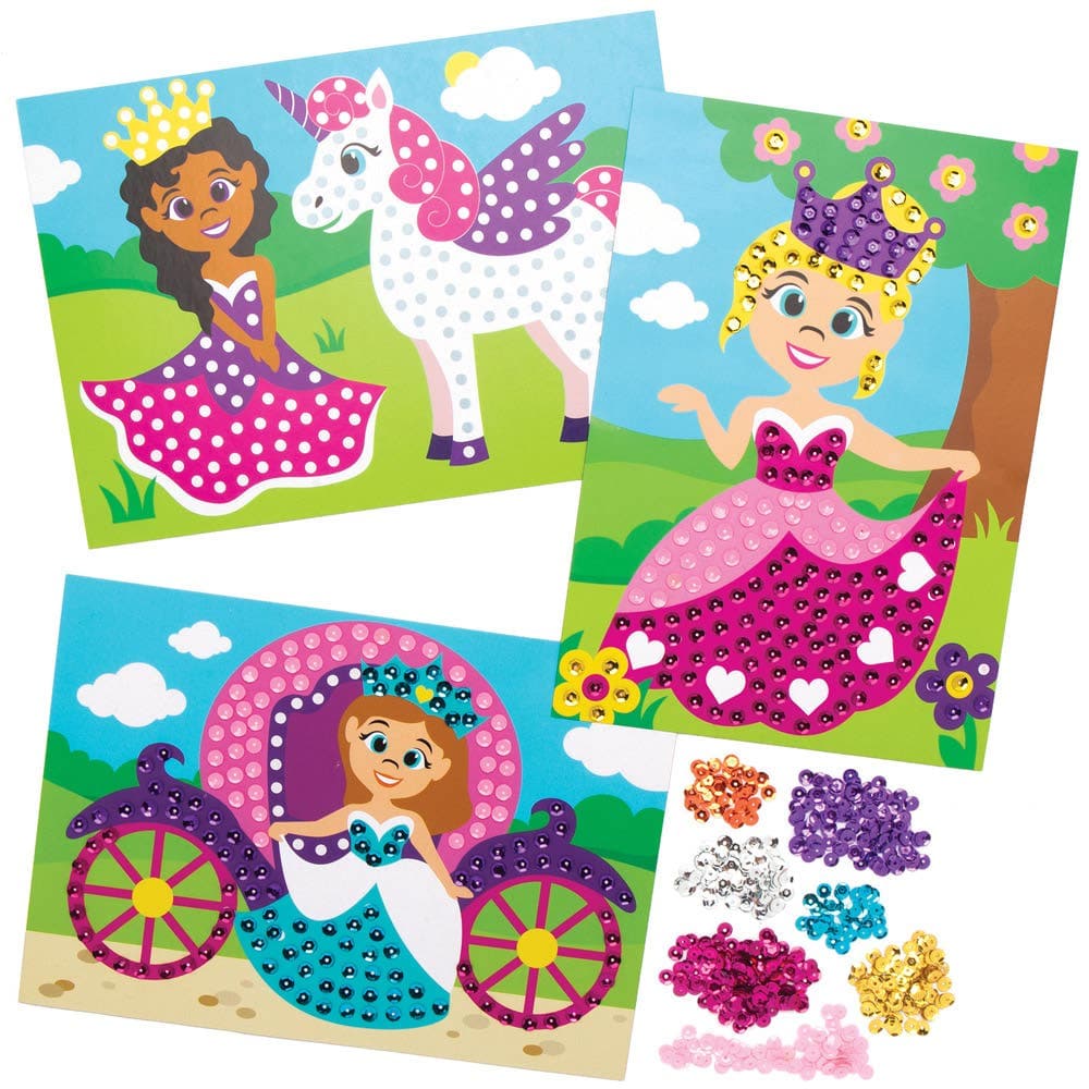 Princess Sequin Picture Kits (Pack of 4) Craft Kits For Kids 7 assorted sequin colours - Hot Pink, Light Pink, Purple, Yellow, Blue, Silver & Orange