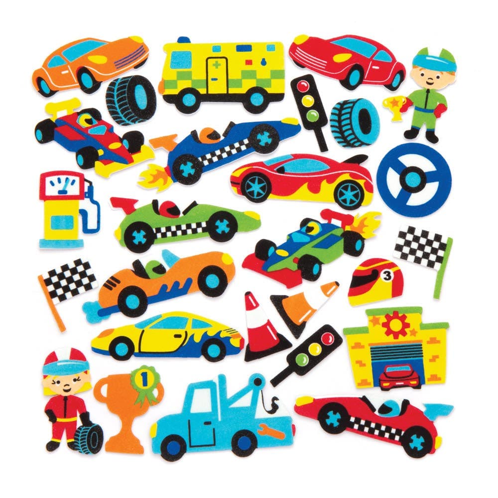 Racing Car Foam Stickers (Pack of 120) Stickers, 30 Assorted Designs, Peel & Stick
