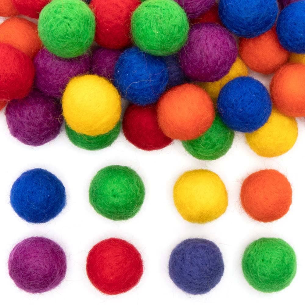 Rainbow Colours Felt Balls (Pack of 56) Craft Embellishments, 7 Assorted Colours, 20mm Diameter