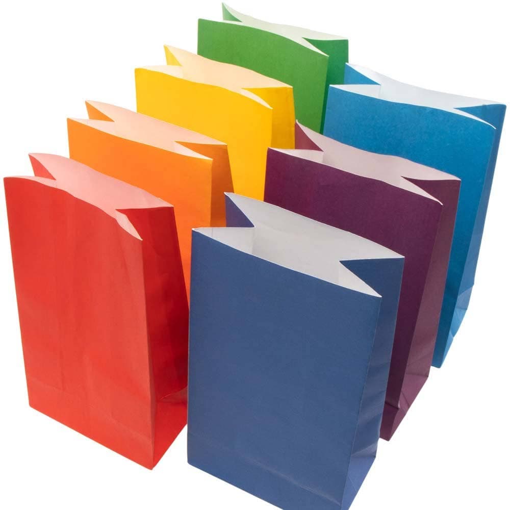 Rainbow Colours Party Bags (Pack of 14) 7 Assorted Colours, Block Bottom Paper Bags, 25cm x 13cm x 8cm