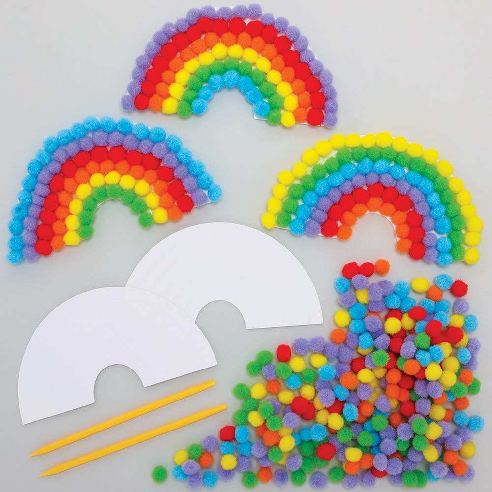 Rainbow Pom Pom Art Kits (Pack of 5) Art Craft Kits 6 assorted colours - Red, Orange, Green, Blue, Purple & Yellow