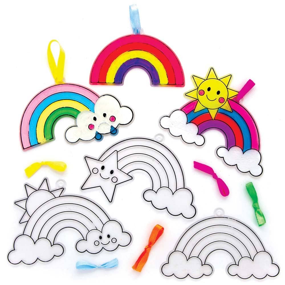 Rainbow Suncatchers (Pack of 10) Height 6cm-9.5cm, 10 Assorted Plastic Designs & Hanging Ribbon, Fun Craft Kits