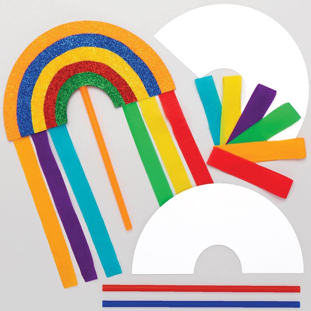 Rainbow Wand Kits (Pack of 8) Craft Kits For Kids 6 coloured paper streamers - Red, Orange, Yellow, Green, Blue & Purple