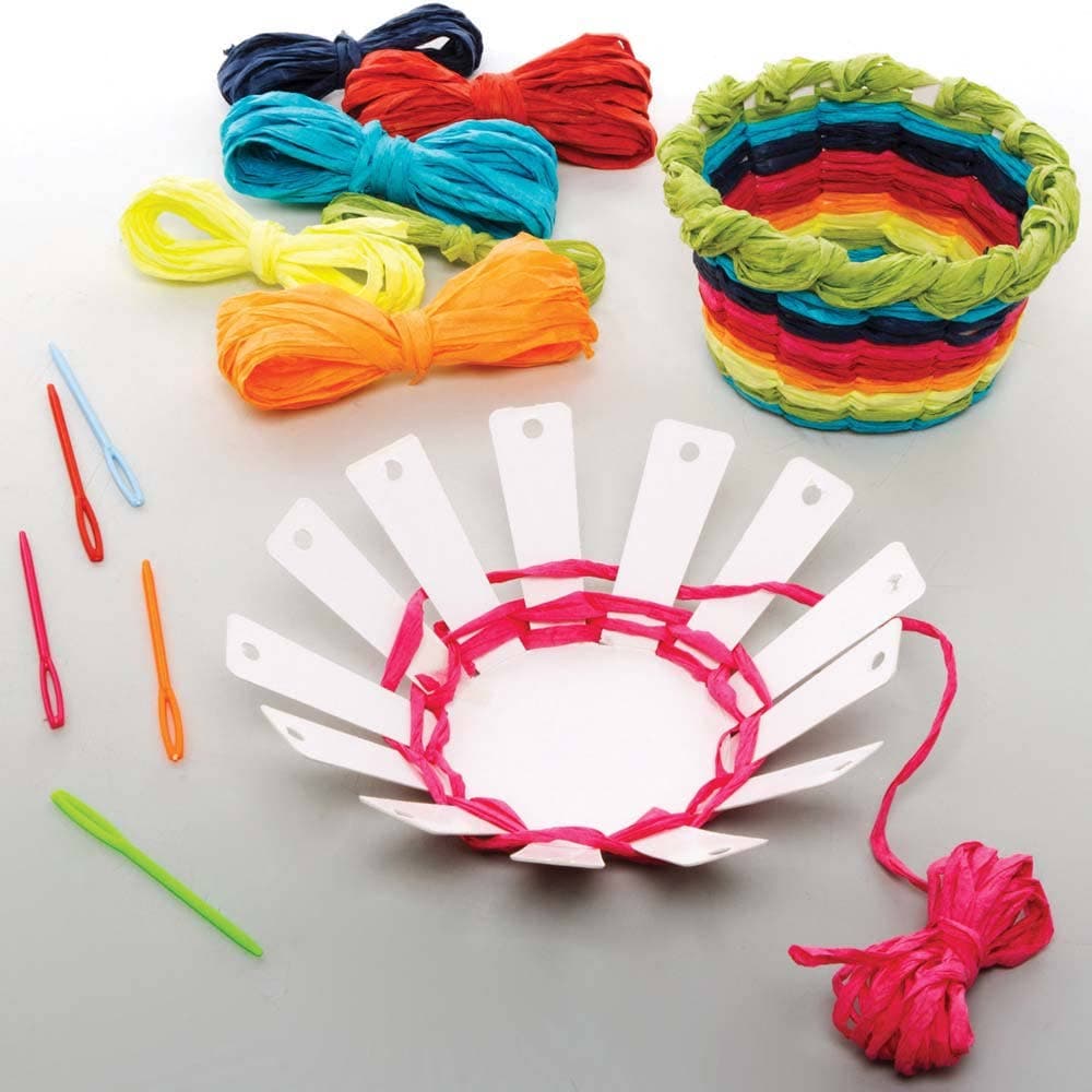 Rainbow Weaving Basket Kits (Pack of 5) Sewing & Weaving Craft Kits,  5 Card Templates, 7 Assorted Colours, 10cm Diameter