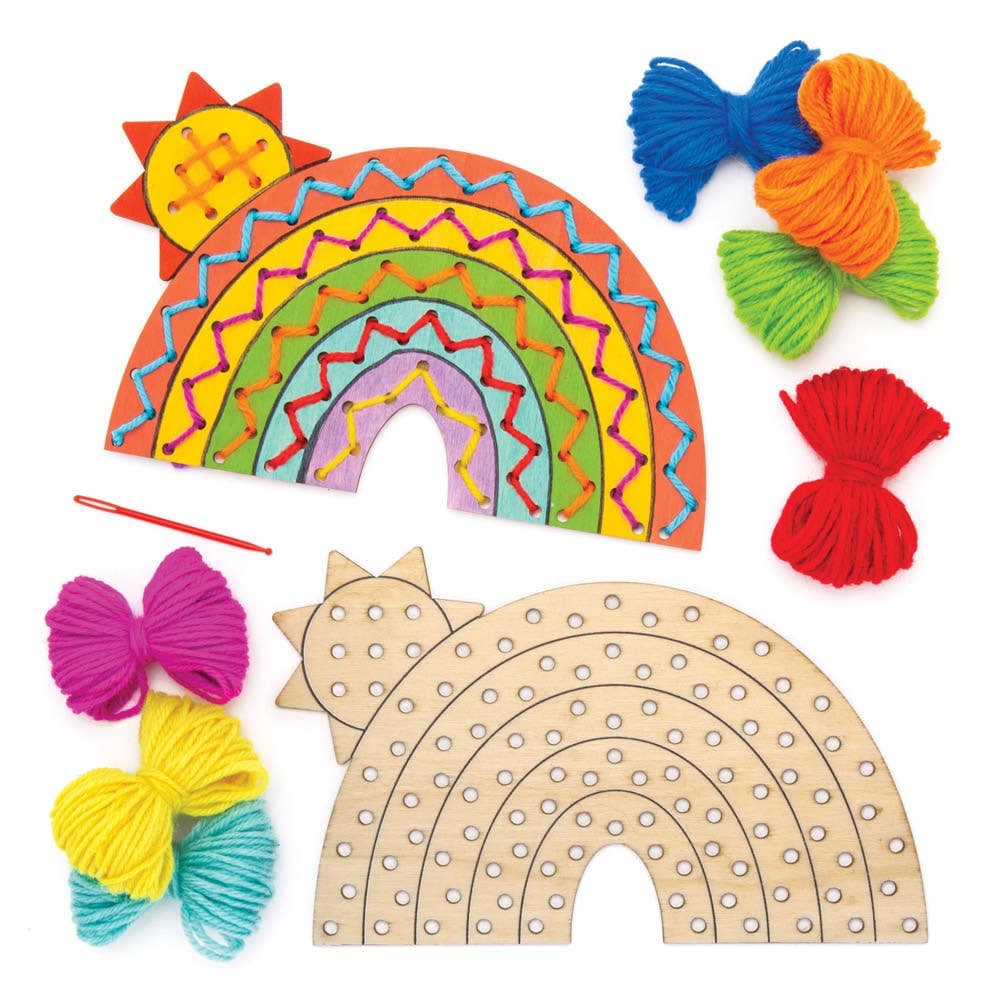 Rainbow Wooden String Art Kits (Pack of 4) 7 Assorted Wool Colours, Beginners Sewing Kits, Plastic Needles Included