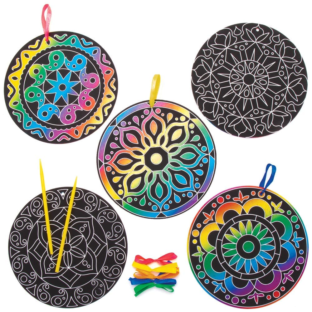 Rangoli Scratch Art Decorations (Pack of 10) Decoration Craft Kits 5 assorted ribbon colours - Orange, Green, Blue, Pink & Yellow