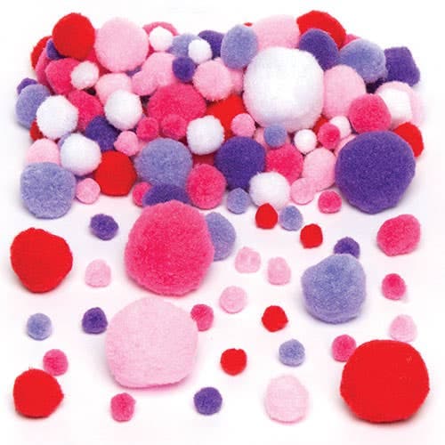 Red, Pink & Purple Pom Poms (Pack of 200) Craft Embellishments Colours - Reds, Pinks, Purples & White