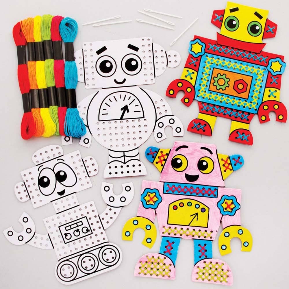 Robot Colour-in Cross Stitch Kits (Pack of 6) Sewing & Weaving Craft Kits 6 thread colours - Yellow, Orange, Red, Green, Blue & Purple