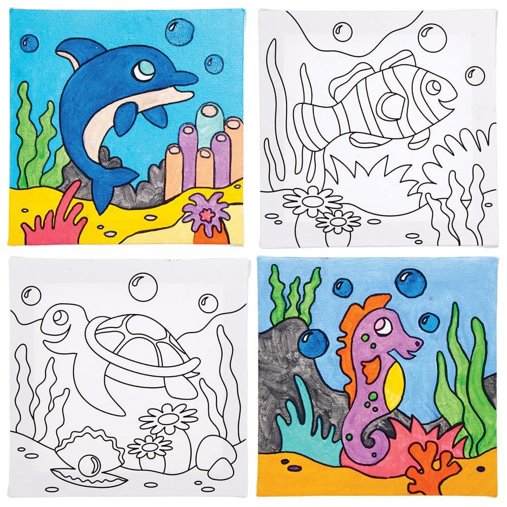 Sealife Colour-in Canvases (Pack of 4) 4 Themed Designs, Stretched Canvas On MDF Frame, Crafts For Kids