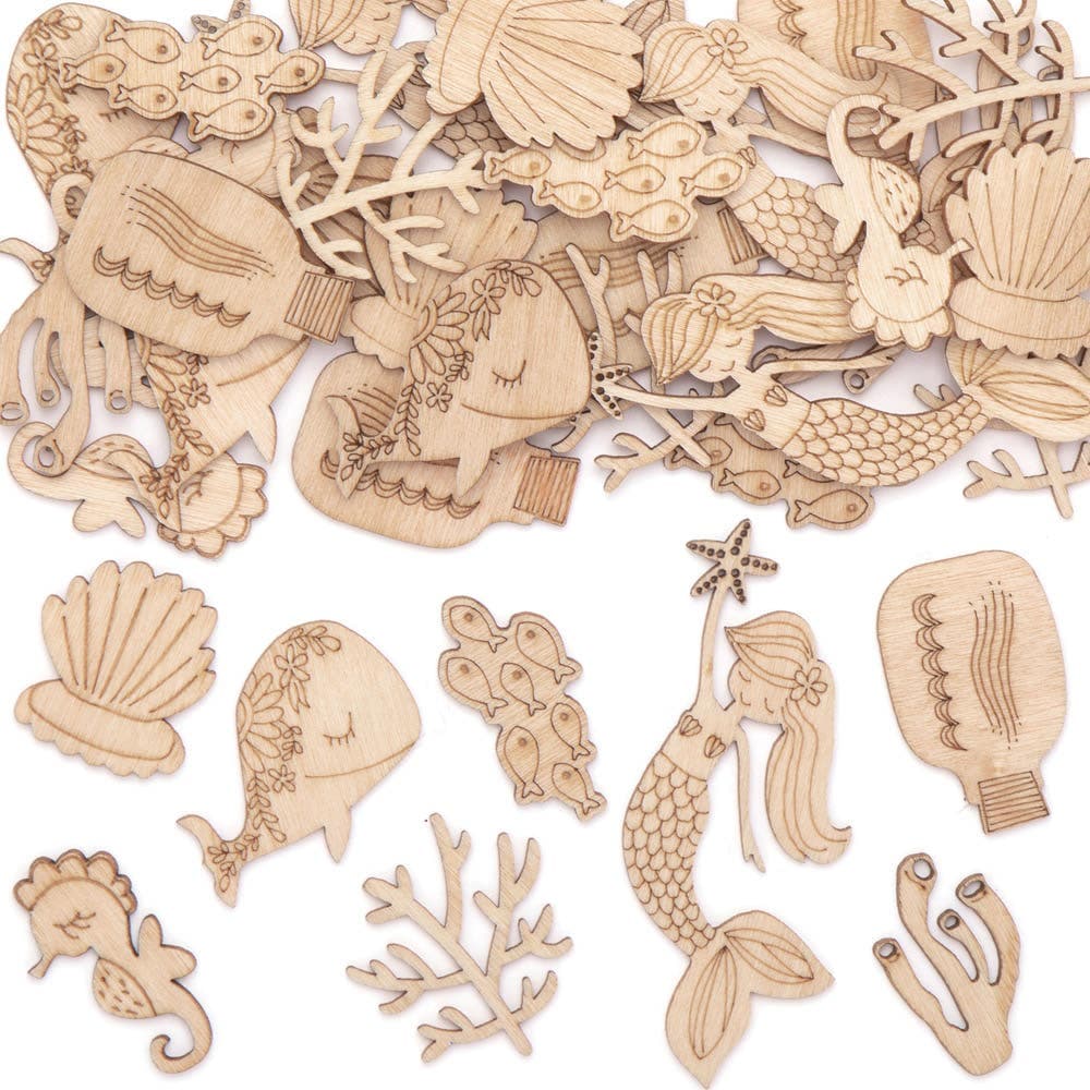 Sealife Mini Wooden Shapes (Pack of 40) 8 Assorted Designs, Sizes 20mm-40mm, Craft Blanks & Bases