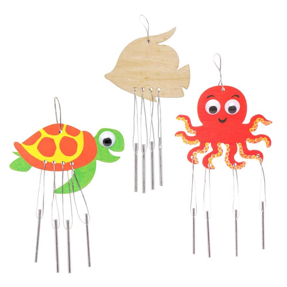 Sealife Wooden Windchimes (Pack of 4) Nature Craft Kits, Paint & Decorate, 4 Designs - Fish, Turtle, Tropical Fish, Octopus