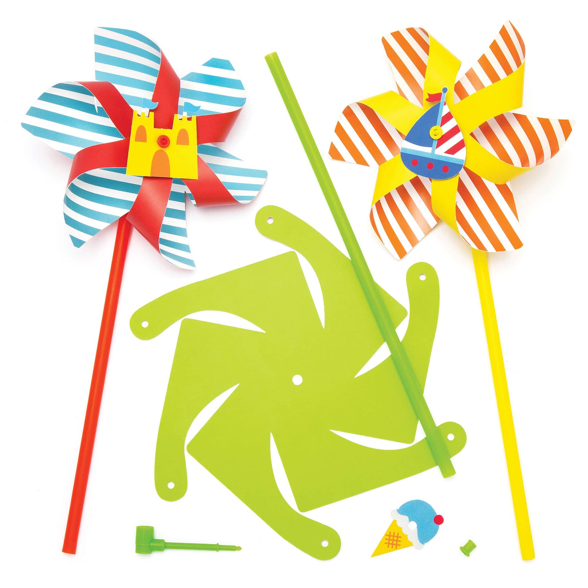 Seaside Windmill Kits (Pack of 6) Nature Craft Kits 3 colourways - Pink/Green, Blue/Red & Orange/Yellow