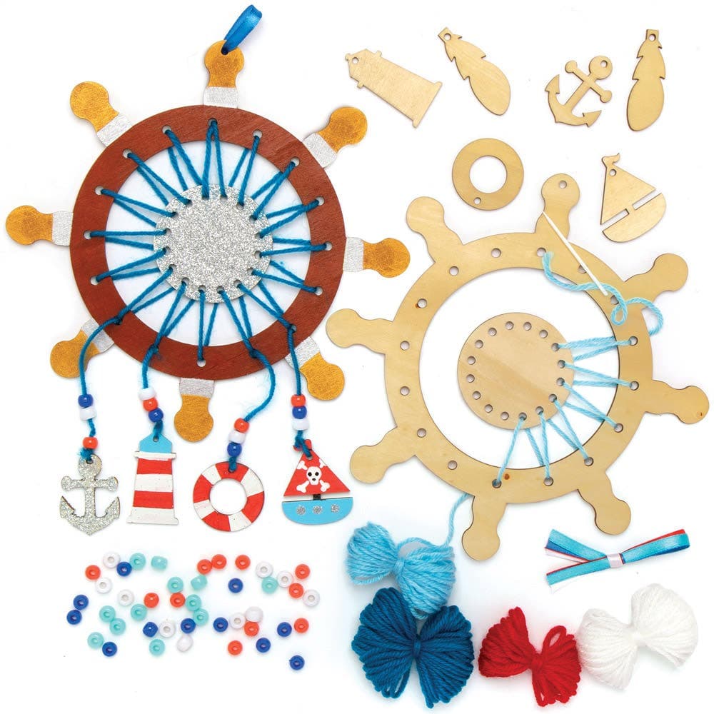 Seaside Wooden Dreamcatcher Kits (Pack of 4) Decoration Craft Kits 4 assorted wool colours - Dark Blue, Light Blue, Red & White