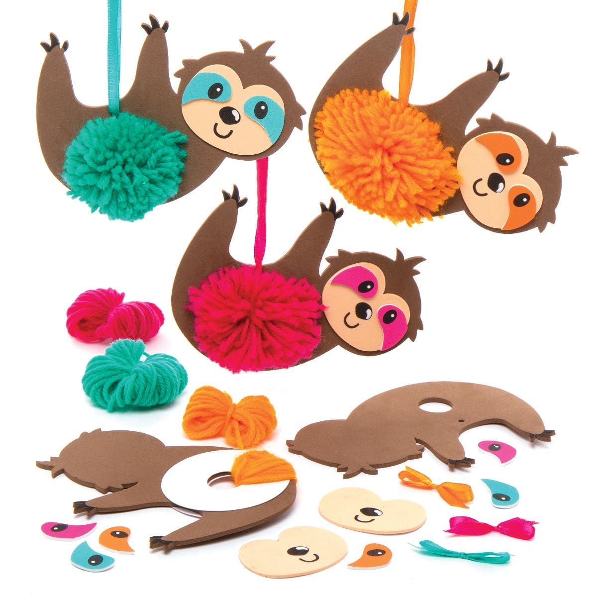 Sloth Pom Pom Kits (Pack of 3) Art Craft Kits 3 assorted colours - Orange, Pink & Teal