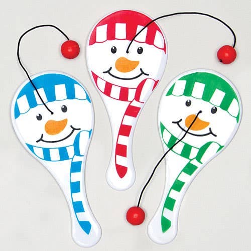 Snowman Mini Paddle Ball (Pack of 6) Christmas Toys, 3 Assorted Colours - Blue, Red & Green