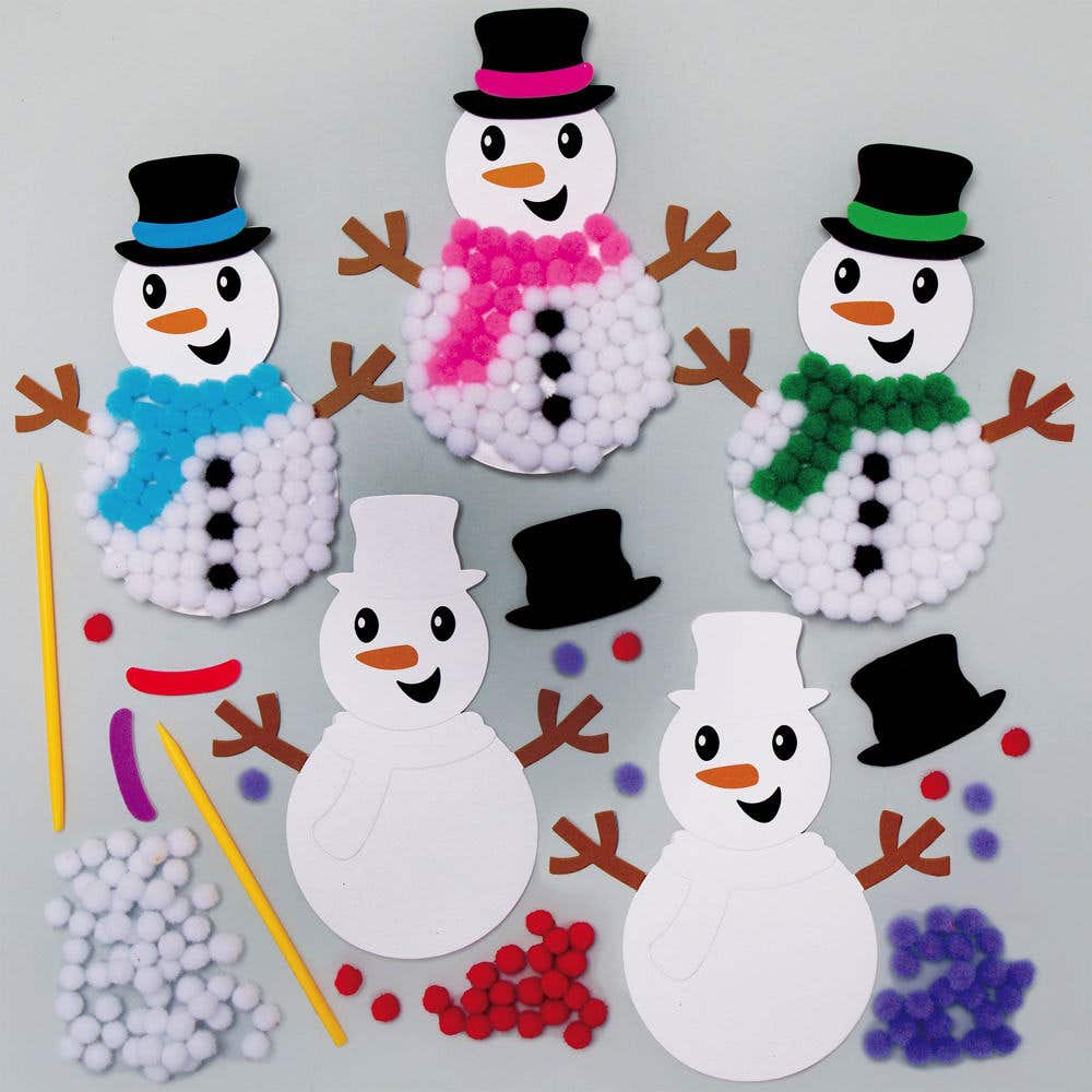 Snowman Pom Pom Art Craft Kits (Pack of 5) Christmas Crafts 8 assorted pom pom colours - Red, Green, Blue, Purple, Pink, White & Black