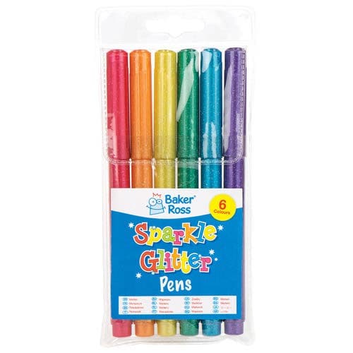 Sparkle Glitter Multi-Purpose Deco Pens (Pack of 6) Drawing 6 assorted colours - Red, Orange, Gold, Green, Purple, Blue.