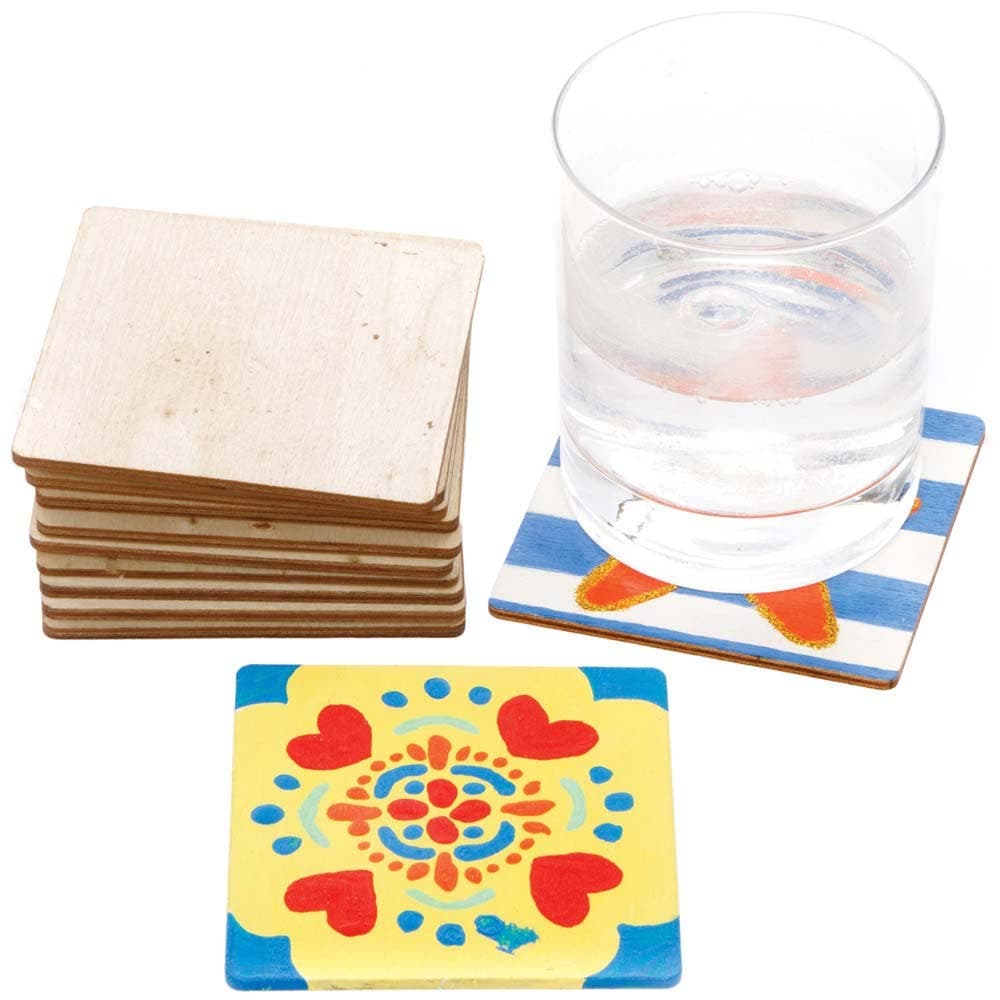Square Wooden Coasters (Pack of 10) Size 9cm x 9cm, Decorate Your Own, 4mm Thick Plywood