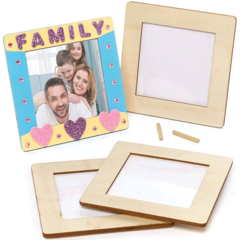Square Wooden Photo Frames (Pack of 4) Frame Size 12cm x 12cm, Decorate & Personalise, Standing Rod Included
