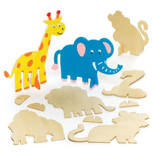 Stand-up Wooden Jungle Animals (Pack of 10) Decoration Craft Kits, 10 Assorted Designs, Sizes 7.5cm-14cm