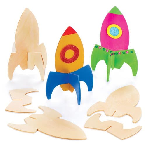 Stand-up Wooden Rockets (Pack of 6) Decoration Craft Kits, Assembled Size Approx. 16cm, No Glue Required
