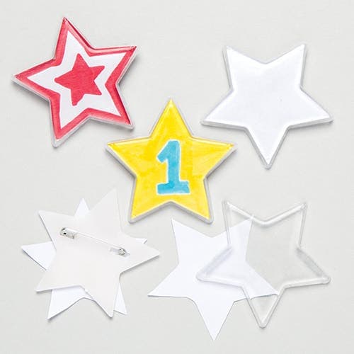 Star Badge Kits (Pack of 10) Blank Card Inserts Included, 6cm Diameter, Decorate Your Own, Craft Kits For Kids