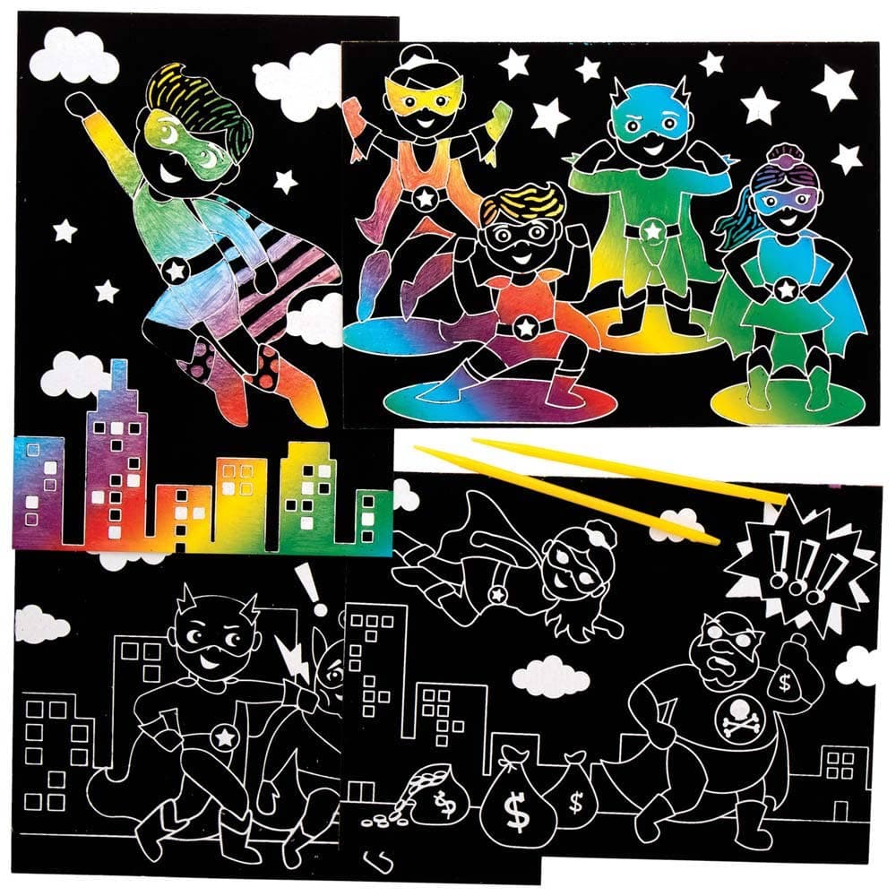 Star Hero Scratch Art Pictures (Pack of 8) Rainbow Coloured, Fun Activity For Kids