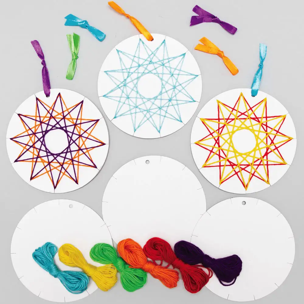 Star String Art Decoration Kits (Pack of 8) Crafts For Kids, 6 Assorted Thread Colours, Easy To Assemble, Size 11cm