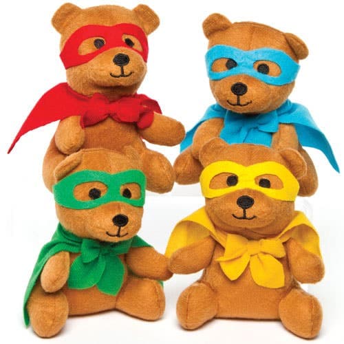 Star Superhero Plush Bears (Pack of 4) Soft & Sensory Toys 4 assorted cape and mask colours - Red, Blue, Yellow & Green