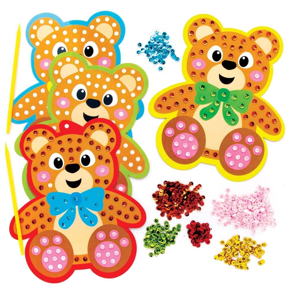Teddy Bear Sequin Craft Kits (Pack of 4) Craft Kits For Kids 6 sequin colours - Brown, Pink, Red, Blue, Green & Yellow