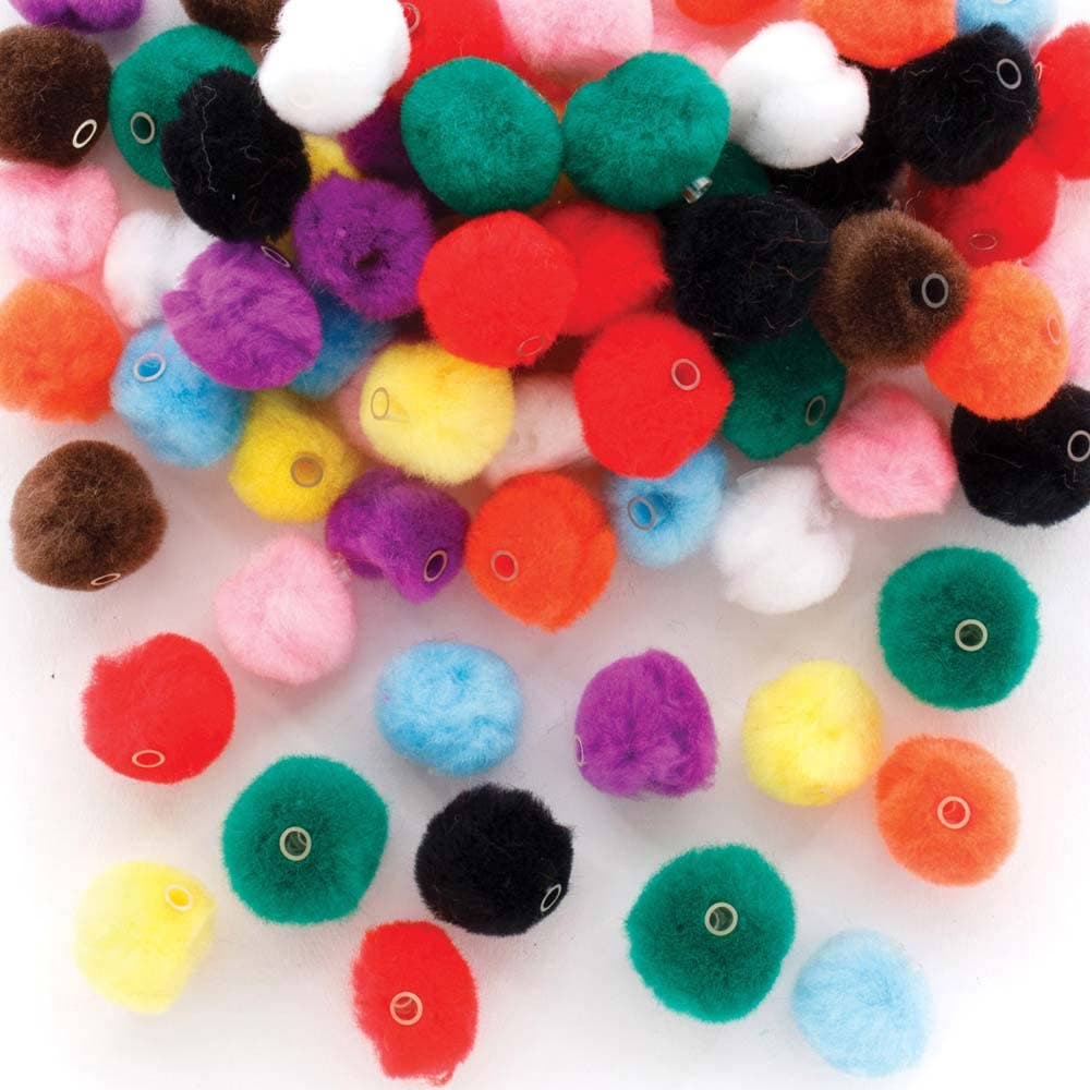 Threading Pom Pom Beads (Pack of 100) Craft Embellishments 10 assorted colours - Blue, Yellow, Purple, Orange, White, Black, Red, Green, Pink & Brown