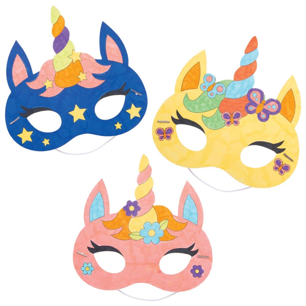 Unicorn Colour-in Masks (Pack of 8) Decoration Craft Kits, 4 Assorted Designs, 19cm Wide, Elastic Cord Included