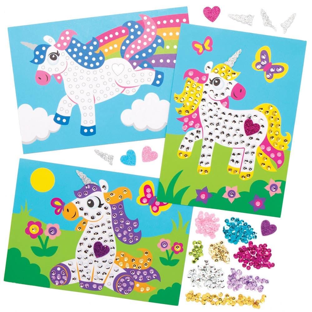 Unicorn Sequin Picture Kits (Pack of 4) 8 Sequin Colours, No Glue Required, 15cm x 21cm Size, DIY Craft Kits