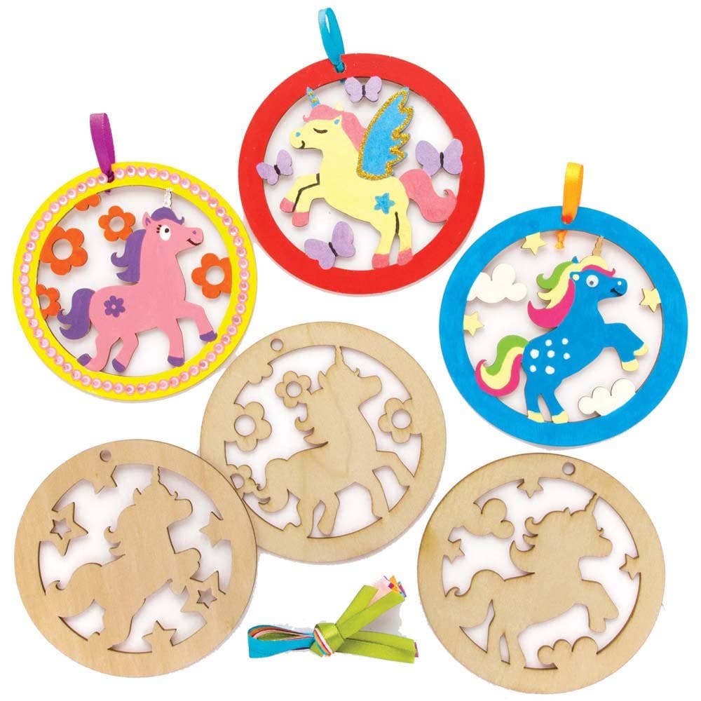 Unicorn Wooden Decorations (Pack of 10) Decoration Craft Kits 5 ribbon colours - Blue, Orange, Pink, Green & Purple