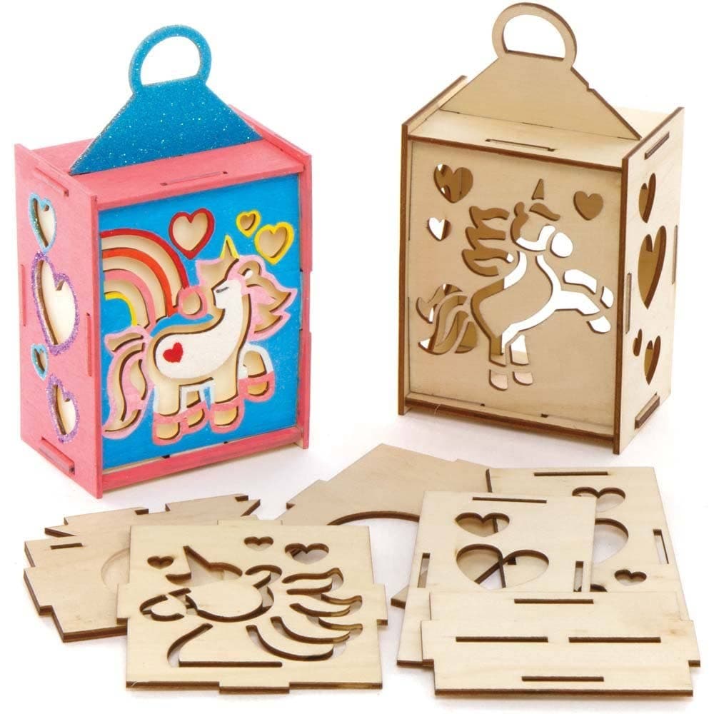 Unicorn Wooden Lantern Kits (Pack of 3) Self-Assemble, 3 Assorted Designs, 15.5cm High, Crafts For Kids