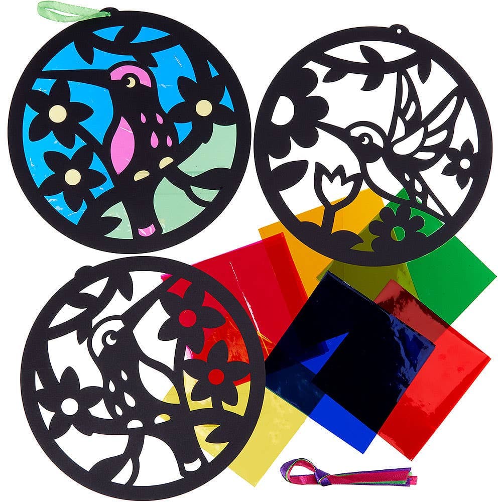 Hummingbird Stained Glass Decoration Kits (Pack of 6) 6 cellophane colours - Pink, Green, Yellow, Orange, Red & Blue